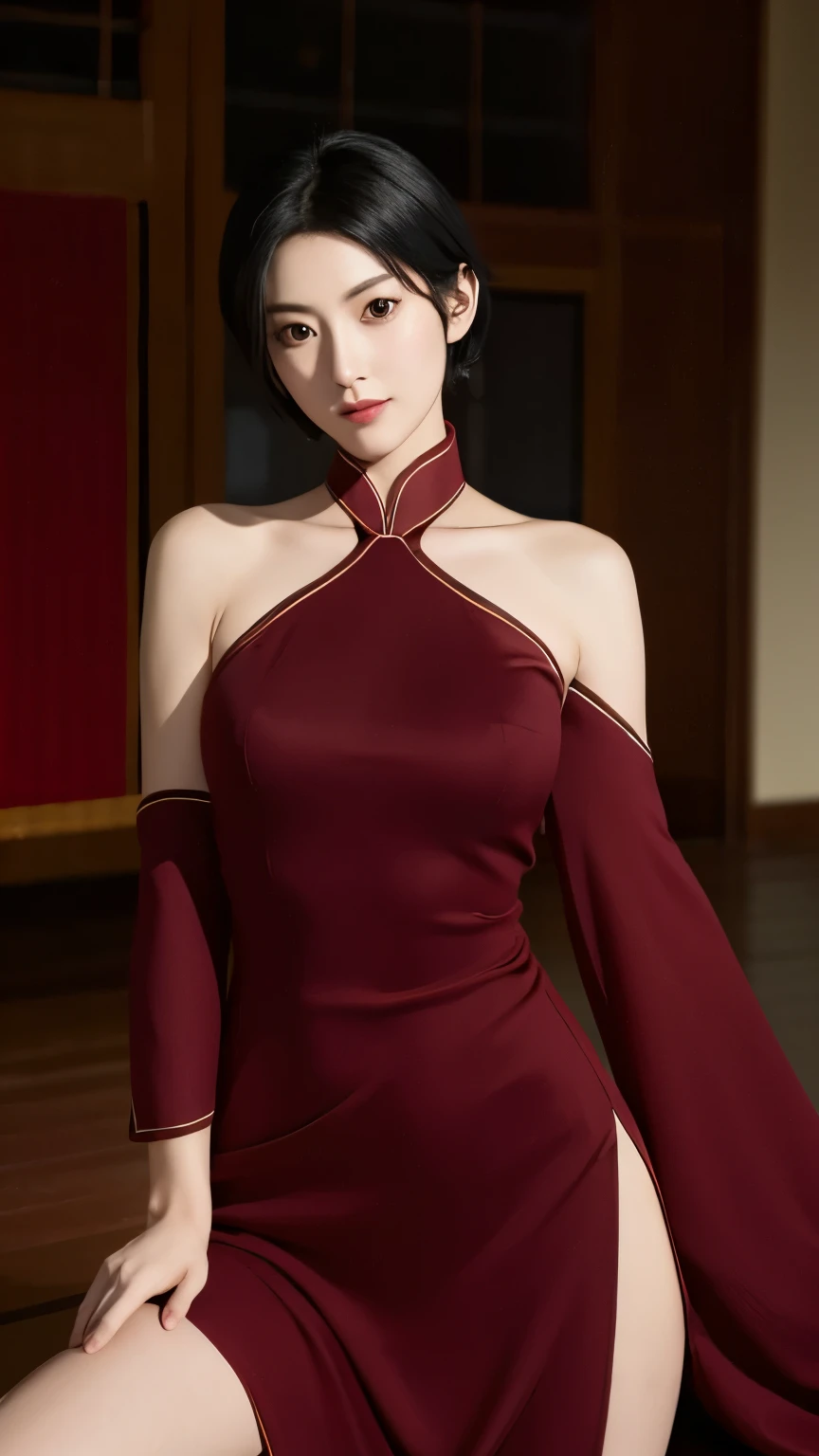 （（（Wearing a red slit cheongsam，Black gloves on both hands。（（（Kurotsuchi，short black hair，black pupils，Good-looking， ））），（（（wide hips））），S-shaped body:1.7））），((masterpiece)),high resolution, ((Best quality at best))，masterpiece，quality，Best quality，（（（ Exquisite facial features，looking at the audience,There is light in the eyes，lol，confidence ））），（（（Light and shadow interlace，huge ））），（（（looking into camera，Kneel and put on）））