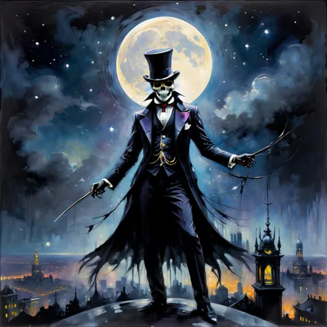 Claude Monet-style impressionist painting, ghostly apparition of Baron Samedi dominating the night sky, ethereal dances cast ove...