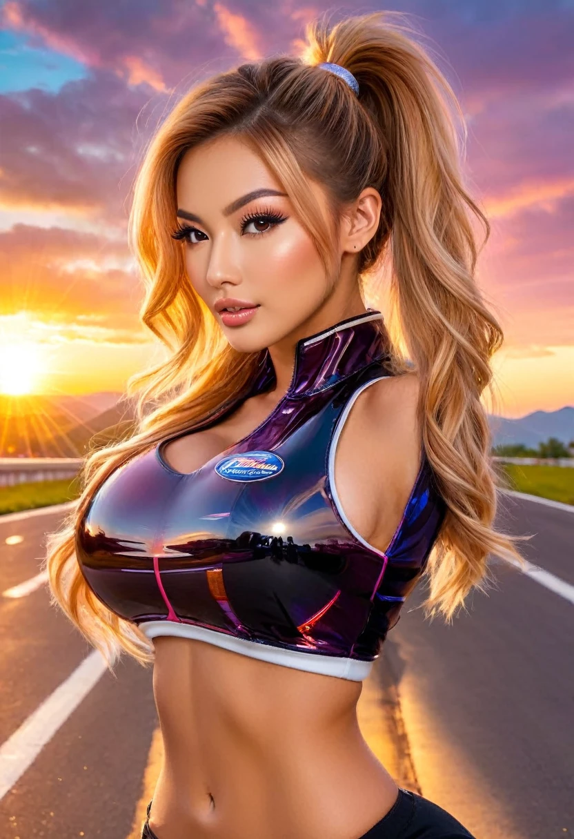 A young woman wearing (Tight, fit, comfortable) High-waisted shorts and a cropped shirt stand in between (powerful, Smooth) Muscle car starts racing, The engine roared, With a gorgeous sunset as the background. (best quality, 4K, high resolution, masterpiece:1.2), Very detailed, (current, photocurrent, photo-current:1.37) Quickly, and (HDR, Ultra high quality) Quality (Studio Lighting, Be focused), High Ponytail, Copper blonde, Large Breasts, Bright Light, Perfect eyes, Skin blemishes, Delicate skin, National, Black light makeup,Both 1

