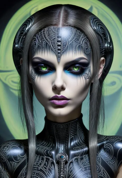 Hr giger tattooed sexy seductive dead girl, perfect face, hyper detailed neon eyes, full body view,