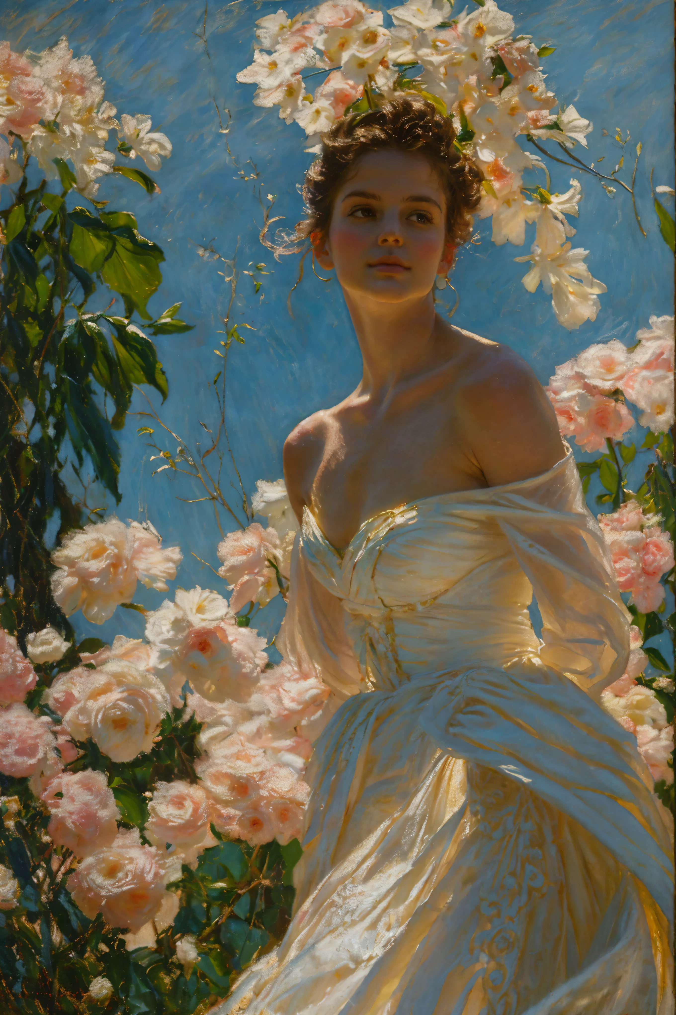 Create an image that captures the essence of classical art and award-winning painting, drawing inspiration from Monet oil paintings. Visualize a enchanting oil painting of beautiful female in a flower garden. Her skin should be meticulously detailed, with eyes that glow with life, and a facial structure that fits the golden ratio of attractiveness, including clear double eyelids and perfectly applied lip gloss on pale lips. | She is dressed in an elegant summer outfit, and she is moving with a dynamic and bold grace. The setting is a seren flower garden, with her poised under the warm light of sunlight, casting striking shadows around her. Capture her from a low angle to reveal her whole body in a dynamic pose, adding to the intensity of the scene. She looks dreamily into the distance, her expression both engaging and ethereal. |  Rendered in ultra-high detail and quality, this masterpiece ensures anatomical correctness and textured skin with super detail. With a focus on high quality and accuracy, this award-winning portrayal captures every nuance in stunning 16k resolution, immersing viewers in its lifelike depiction. | ((elegant summer outfit):1.1), ((fancy handgloves):1.1) | (((anatomical correctness))), (((perfect_fingers))), (((perfect_legs))), (((perfect_hands))), ((perfect_composition, perfect_design, perfect_layout, perfect_detail, ultra_detailed)), ((enhance_all, fix_everything)), More Detail, Enhance.