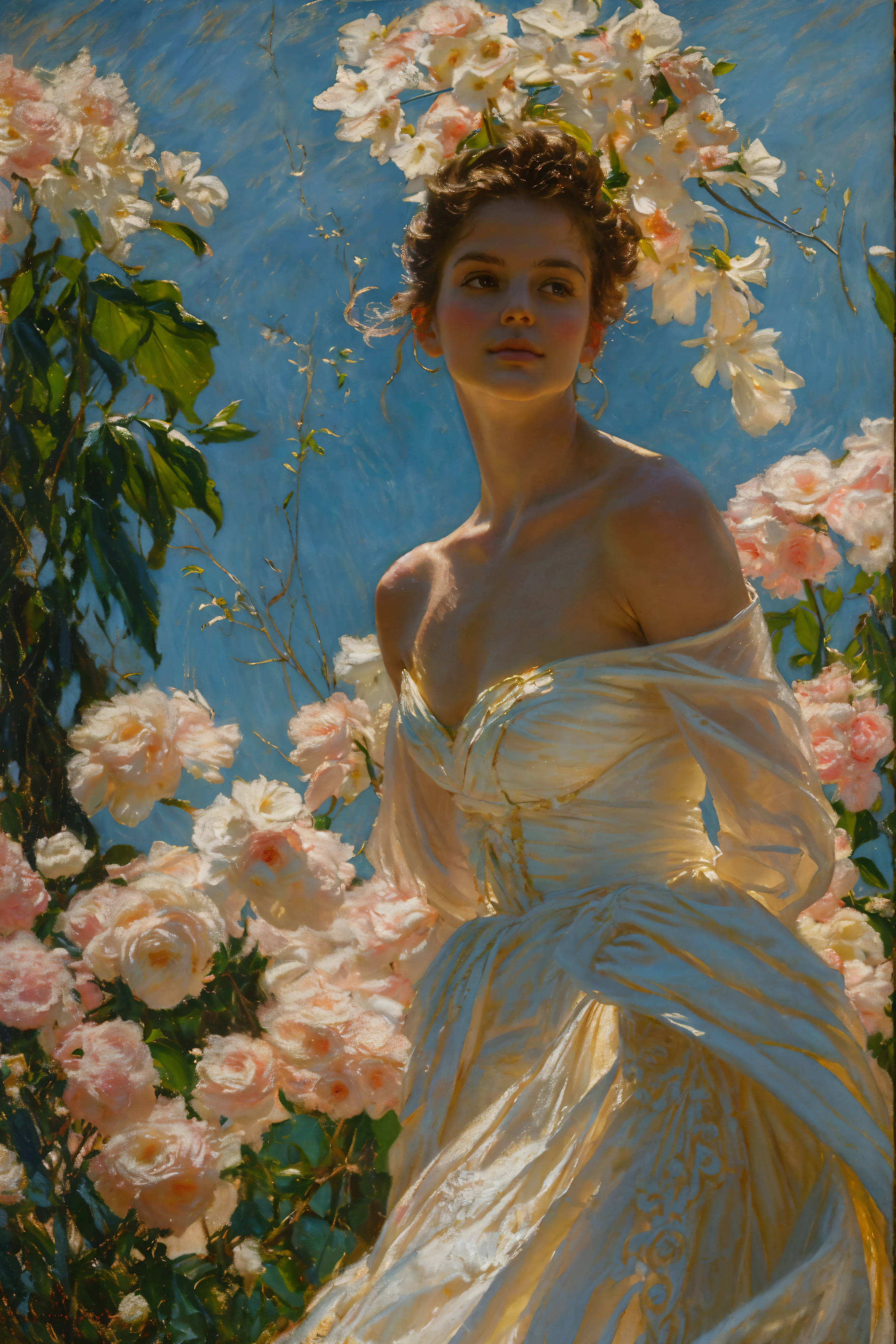 Cree una imagen que capture la esencia del arte clásico y la pintura galardonada., inspirándose en las pinturas al óleo de Monet. Visualice una encantadora pintura al óleo de una hermosa mujer en un jardín de flores.. Her skin should be meticulously detalleed, con ojos que brillan con vida, y una estructura facial que se ajusta a la proporción áurea del atractivo, including clear double eyelids and Perfectoly applied lip gloss on pale lips. | She is dressed in an elegante traje de verano, y ella se mueve con una gracia dinámica y audaz. El entorno es un sereno jardín de flores., con ella preparada bajo la cálida luz del sol, proyectando sombras sorprendentes a su alrededor. Captúrela desde un ángulo bajo para revelar todo su cuerpo en una pose dinámica., añadiendo intensidad a la escena. Ella mira soñadoramente a lo lejos, Su expresión es atractiva y etérea.. |  Rendered in ultra-high detalle and quality, this masterpiece ensures corrección anatómica and textured skin with super detalle. Con un enfoque en la alta calidad y precisión, Este retrato premiado captura cada matiz en una impresionante resolución de 16k., sumergiendo a los espectadores en su representación realista. | ((elegante traje de verano):1.1), ((guantes elegantes):1.1) | (((corrección anatómica))), (((Perfecto_dedos))), (((Perfecto_piernas))), (((Perfecto_manos))), ((Perfecto_composición, Perfecto_diseño, Perfecto_DISPOSICIÓN, Perfecto_detalle, ultra_detalleed)), ((Mejorar_TODO, arreglar_Todo)), Mas detalle, Mejorar.