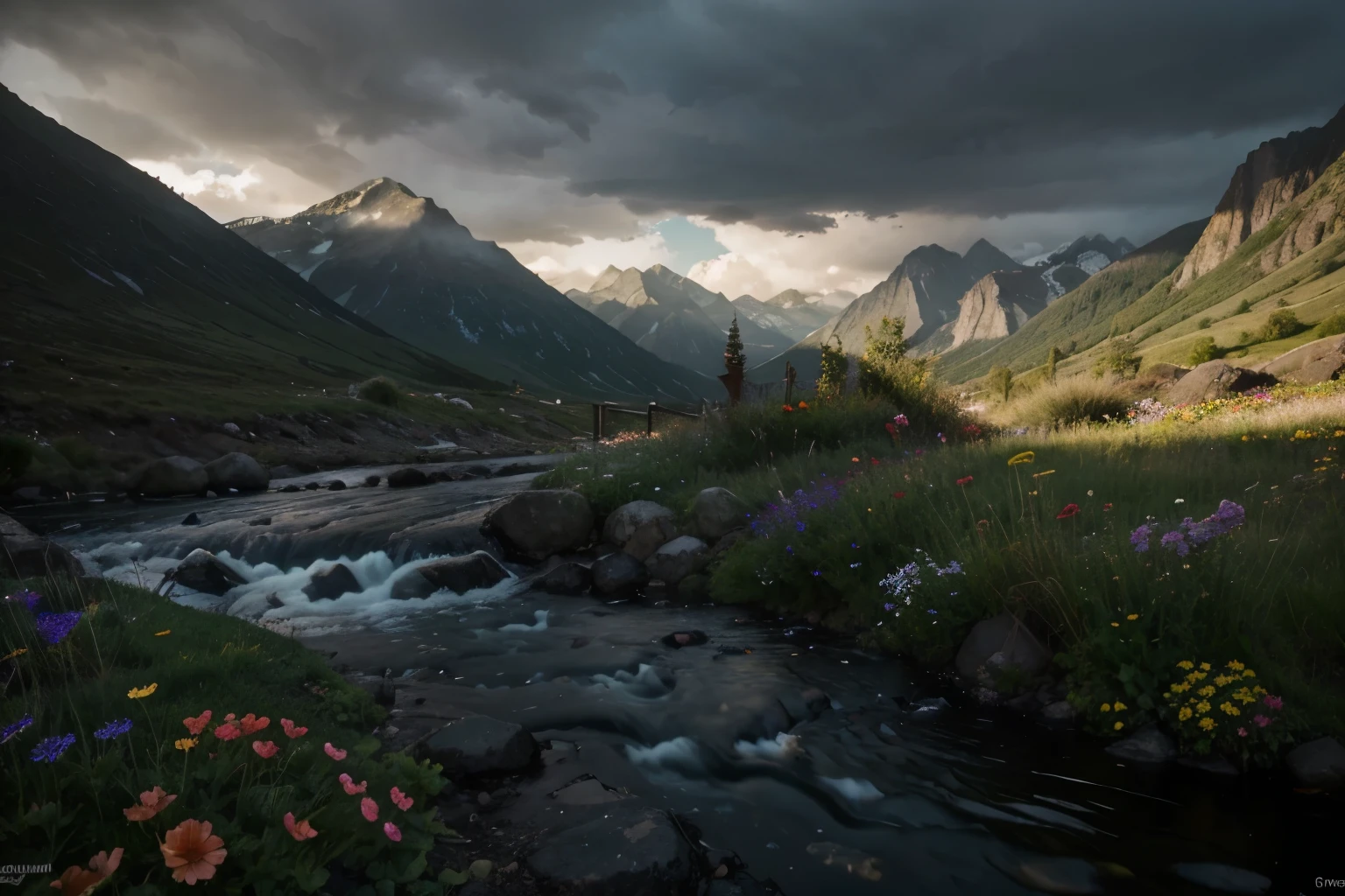 The stream has water flowing.. Various flowers behind the mountain The evening sun was warm.. The atmosphere is relaxed and appropriate....10，nightmare vision， Dark fantasy storyline，Perfect and wonderful composition，8k resolution，details，rain path，moisture，Water stains，Take a very wide angle photo.，Jack Guzman&#39;s environmental art photography，realistically，movie elements，Volumetric illumination，brightness, Detailed, dramatic sky, Multi-colored clouds floating.，true to life, clear public space, flawless perfection, SLR digital camera, 16k, 1024, 2048, 4096, Detailed, sharp, best quality, มีHigh quality, nonsense，Driverless background，which has many details、Shadows with details，Trends on artstation、complicated、high details、Dramaidjourney art（Volumetric illumination：1.2）shot in hdr。（Distant view，super deep view，ultra wide angle，Microfocal length lens：1.2）（realistically：1.4）Masterpiece、High quality、Beautiful photography、world class illumination.,full colour+mood and tone, IMAX cameras., national geographic, photography,Lord of the Rings style, Polaroid, high-detail realistic 8k full HD.