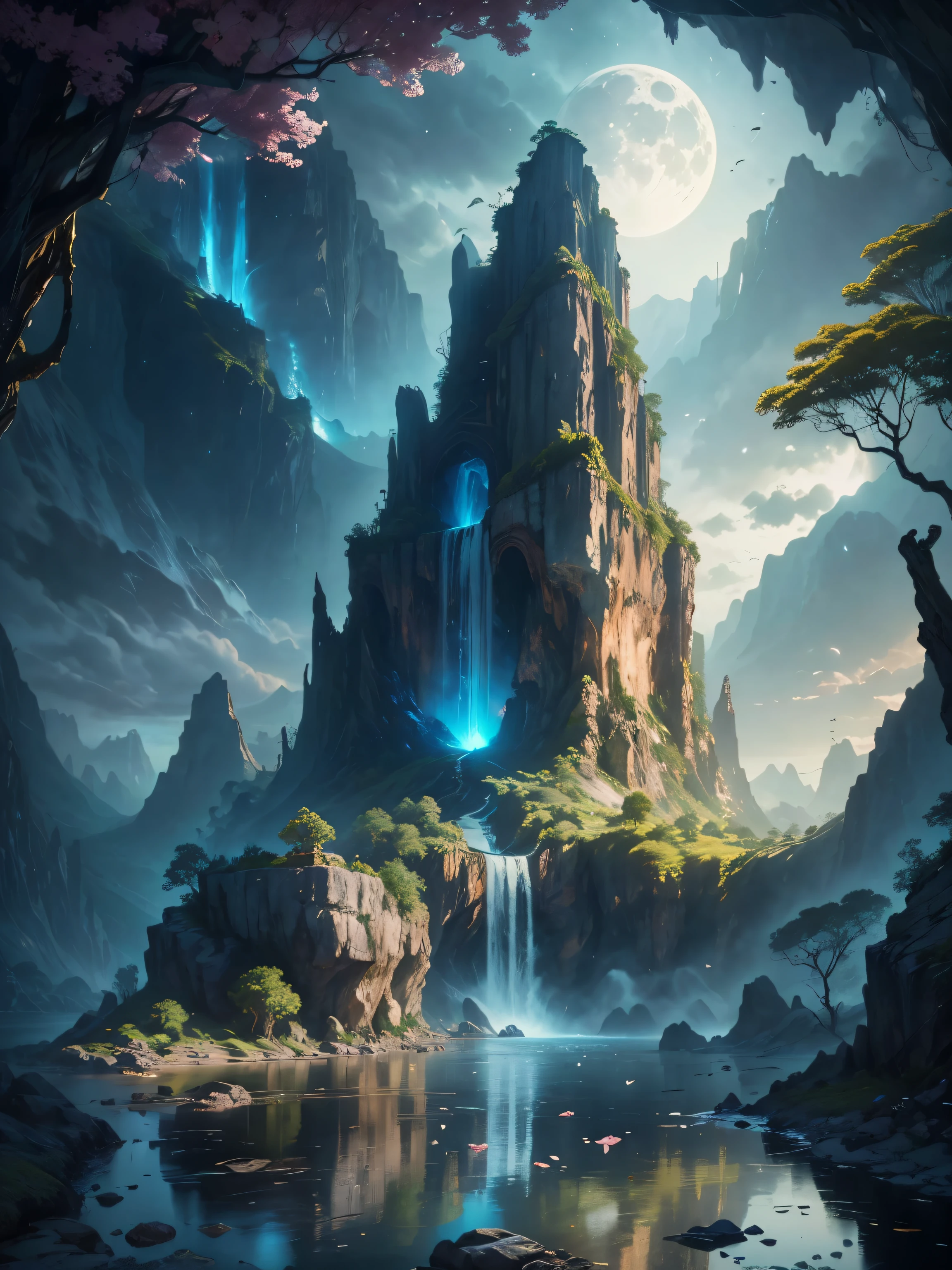 there is a large waterfall in the middle of a mountain, Old Town, epic matte painting of an island, the The Lost City of Atlantis, an aztec city in a island lake, Old Town The scenery is beautiful, The Lost City of Atlantis, Mark Simonetti. complicated, Beautiful concept art, Amazing concept art, Highly realistic concept art, art style of Mark Simonetti, (((Masterpiece))), Best quality, High quality, Very detailed CG unity 8k wallpaper, natural landscape, in the fresh air, سwater, clouds, No people, mountain, The scenery is beautiful, water, tree, blue سwater, waterfall, cliff, nature, lake, river, cloudsy سwater,award-winning photography, sad, Depth of field, Human development report, Thrives, chromatic aberration ,reality,Very detailed, Trending on ArtStation, Trending on CGSocity, complicated, High detail, dramatic, Art from mid-flight, tall waterfall, painting of a river with rocks and trees in the foreground, near a river, The scenery is beautiful, the forest, waterfall, crystal clear water, night light,((Full moon)), Colorful, river with rocks, Rock bridge, epic, imaginary, ((Roses and flowers on the banks of the pond)), ((Oil paint)), moon The scenery is beautiful reflected in river, ((Rock bridge))