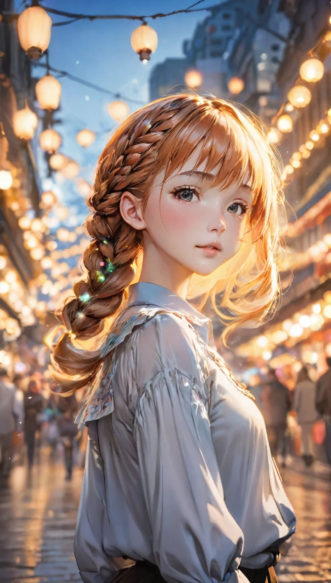 highest quality, Realistic, 1people々Girl, woman,(Skin dents), Center of chest, (bright), (Professional Lighting, Bokeh), (street), people々々, crowd, Braided bangs, (blouse:1.5), (I wore it:0.8), Nice, bloom, Floating Hair, (Dynamic pose:0.6) , Soft lighting, 