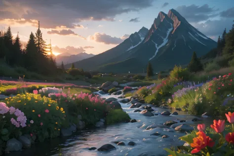 The stream has water flowing.. Various flowers behind the mountain The evening sun was warm.. The atmosphere is relaxed and appr...