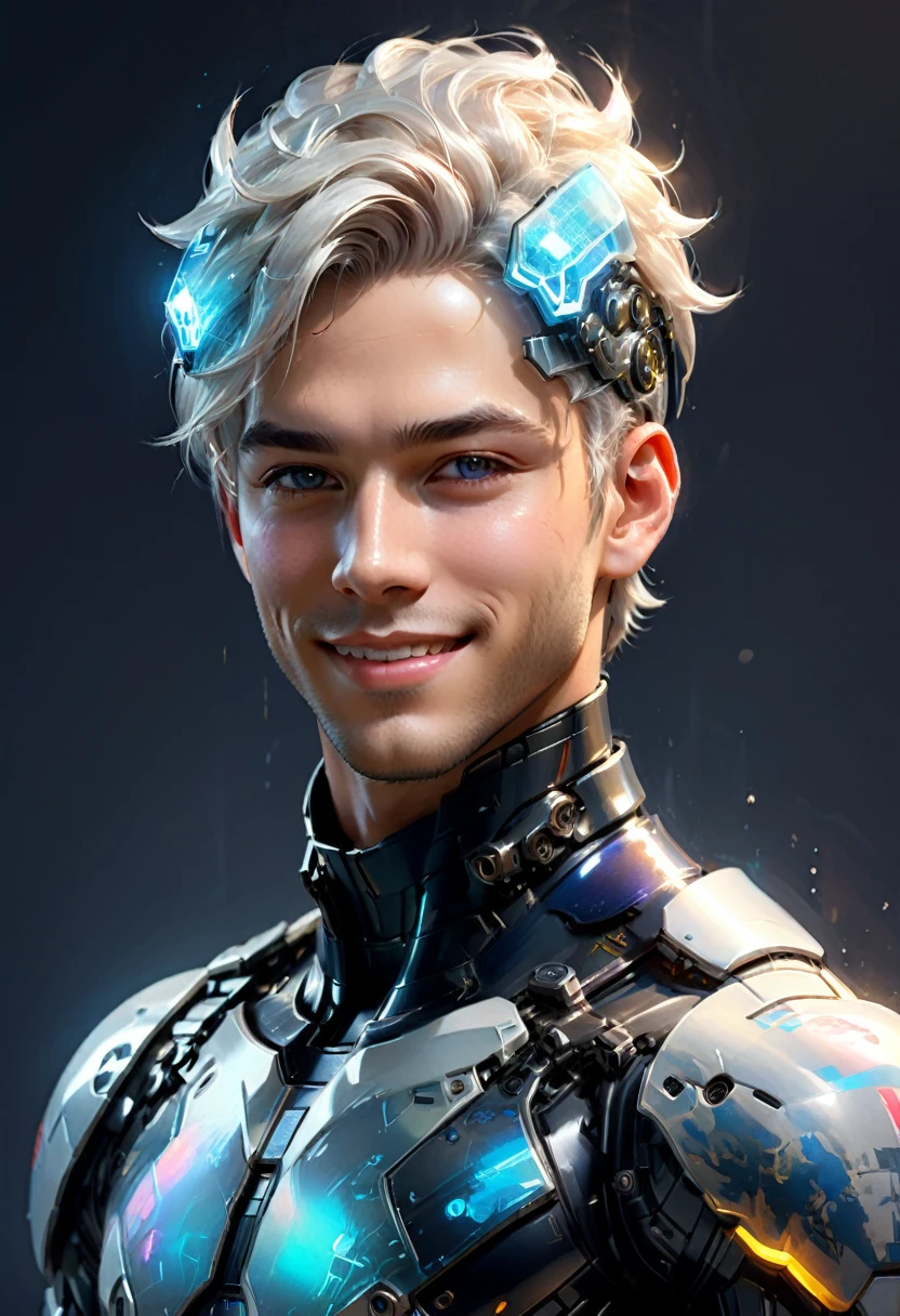 by Claude Monet, soldier, bishounen, subsurface scattering, translucent, translucent_male, portrait, seductive smile, Expressiveh, futuristic-war-academy background  cyborg, translucent_hair, (masterpiece, best quality, Professional, perfect composition, very aesthetic, absurdres, ultra-detailed, intricate details:1.3)