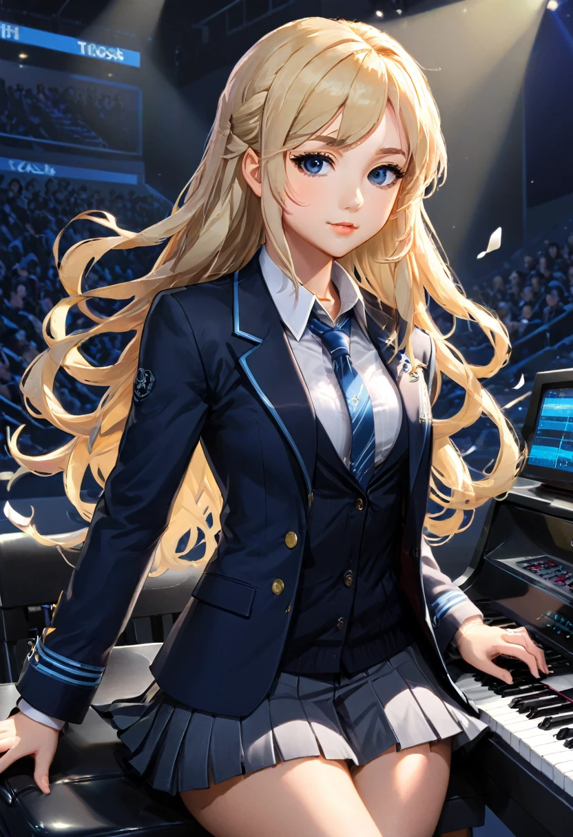 by Claude Monet, kotobuki tsumugi, k-on!,keyboard \(instrument\), blonde hair, dim lighting, spotlight, long hair, wavy hair, thick eyebrows,  school uniform,   synthwave,  synthesizer,  grey-skirt, navy \(navy.blue\) blazer, (masterpiece, best quality, Professional, perfect composition, very aesthetic, absurdres, ultra-detailed, intricate details:1.3)