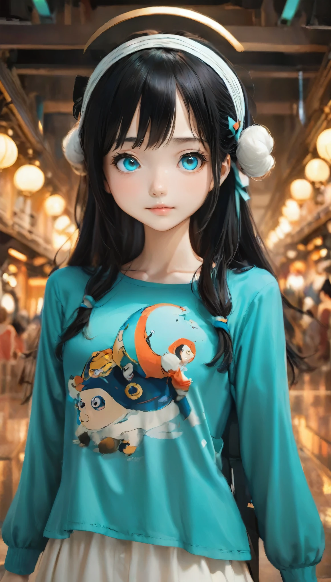 (Maximum resolution: 1.2), (Ultra-high resolution:1.2), Cinema Lights, 8K resolution, Beautiful eyes and skin, Detailed face, Perfect Style, Cute Face, Accurate, Anatomically correct, Highly Detailed face and skin texture, Beautiful and delicate droopy eyes, 16 years old, (Black Hair:1.5), Long Hair, Parted bangs, blue eyes, (White hair band:1.5), (Long sleeve one piece plain dark cyan shirt:1.5), (tights:1.2), (boots:1.5), High Kick, Space Battleship