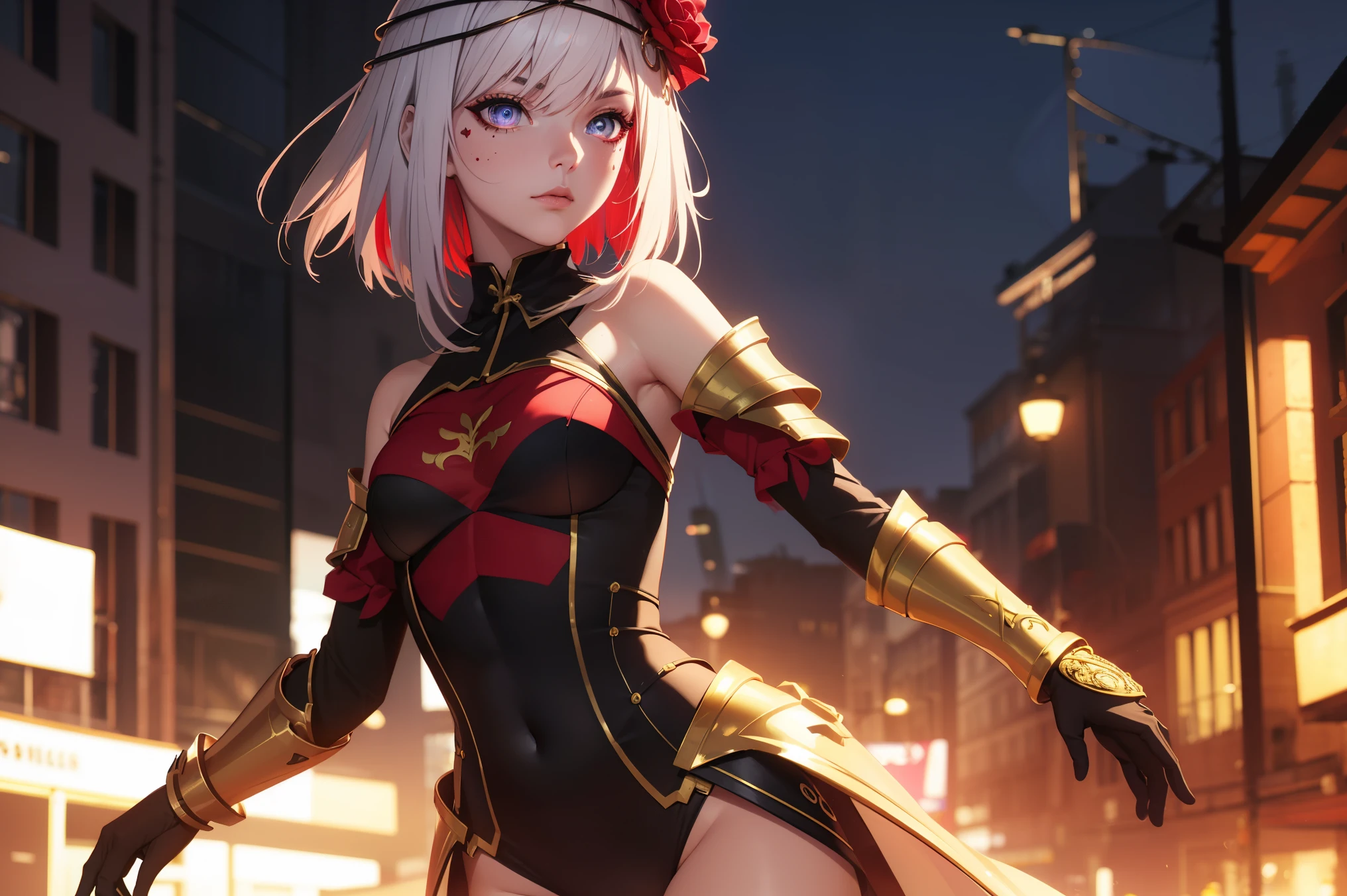 taktopdestiny, destiny, short hair, hair ornament, flower, white hair, red hair, multicolored hair, hair flower, rose, colored skin, facial mark, red flower, red rose, thorns,
BREAK (armor, bodysuit, pauldrons, purple bodysuit, shoulder armor, thighs, veil, black veil:1.2),
BREAK street, standing,
BREAK (masterpiece:1.2), best quality, high resolution, unity 8k wallpaper, (illustration:0.8), (beautiful detailed eyes:1.6), extremely detailed face, perfect lighting, extremely detailed CG, (perfect hands, perfect anatomy),