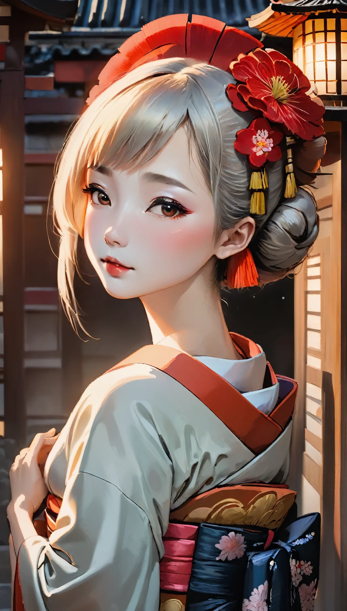 (((Full body angle:1.3、Random Pause、Wabi-sabi、Japan human heart)))、pale colour、watercolor、Alafi wearing a kimono with a red flower headpiece, Geisha Makeup, Portrait of a Geisha画, Geisha Makeup, Cute Face、Thin eyebrows、Portrait of a Geisha, Beautiful geisha, Japanese Geisha, Glamorous and sexy geisha, Beautiful geishaの肖像画画, Portrait of a Geisha, Geisha hairstyle, remarkable Geisha Makeup、Horyuji Temple、Old temple of Japan、