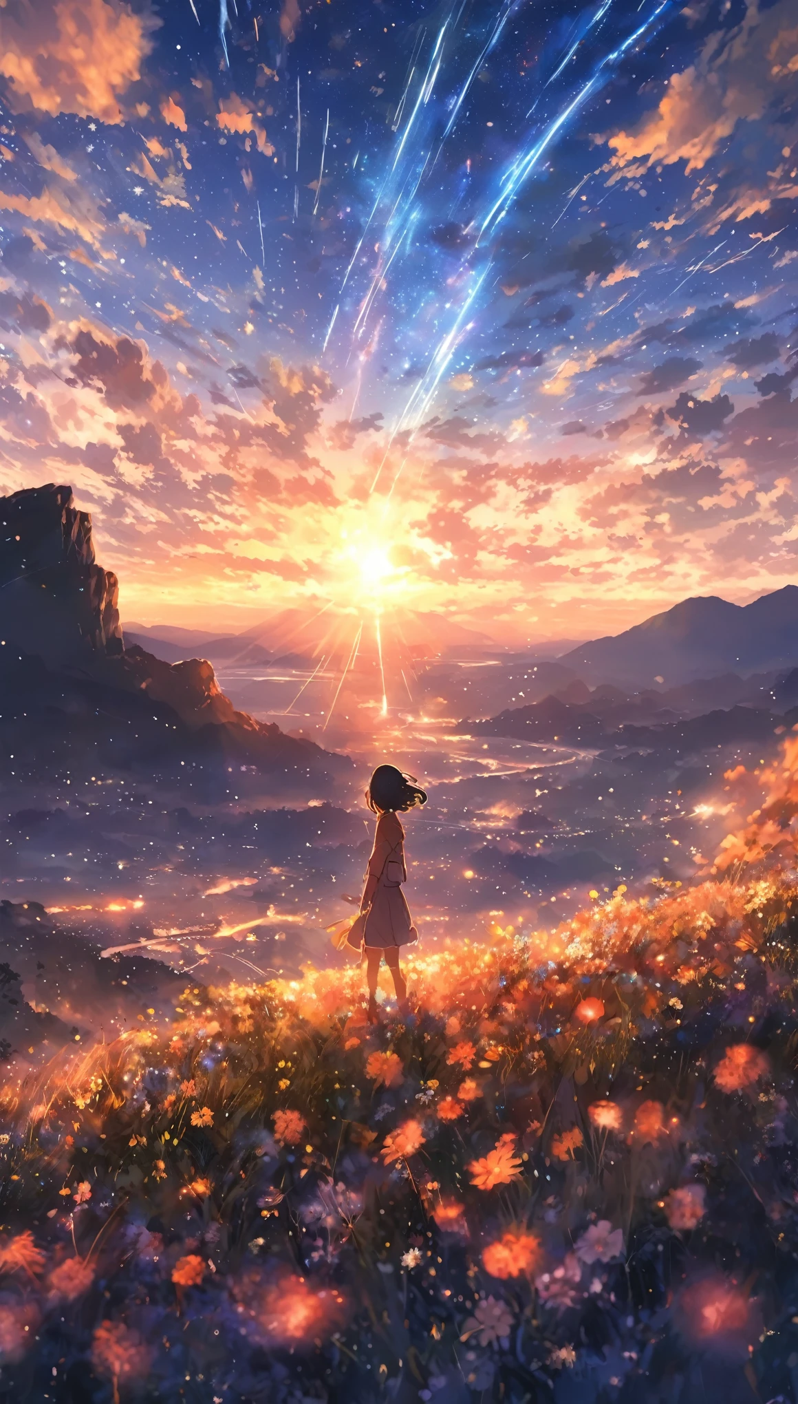 masterpiece, concept art, panoramic, centered, illustration, wide shot, 1girl, standing, cliff, flower field, night, (meteor shower), space galactic background, (epic composition, epic proportion), dynamic lighting, vibrant color, Makoto Shinkai, Kimi no Nawa inspired,