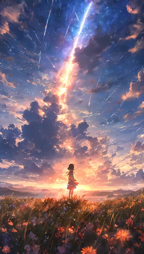 masterpiece, concept art, panoramic, centered, illustration, wide shot, 1girl, standing, cliff, flower field, night, (meteor sho...