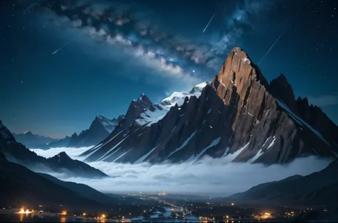 Large mountain, ground view, far view, night time, mountain fogus, big planet on sky, no one，Dark fantasy storyline，Perfect and ...