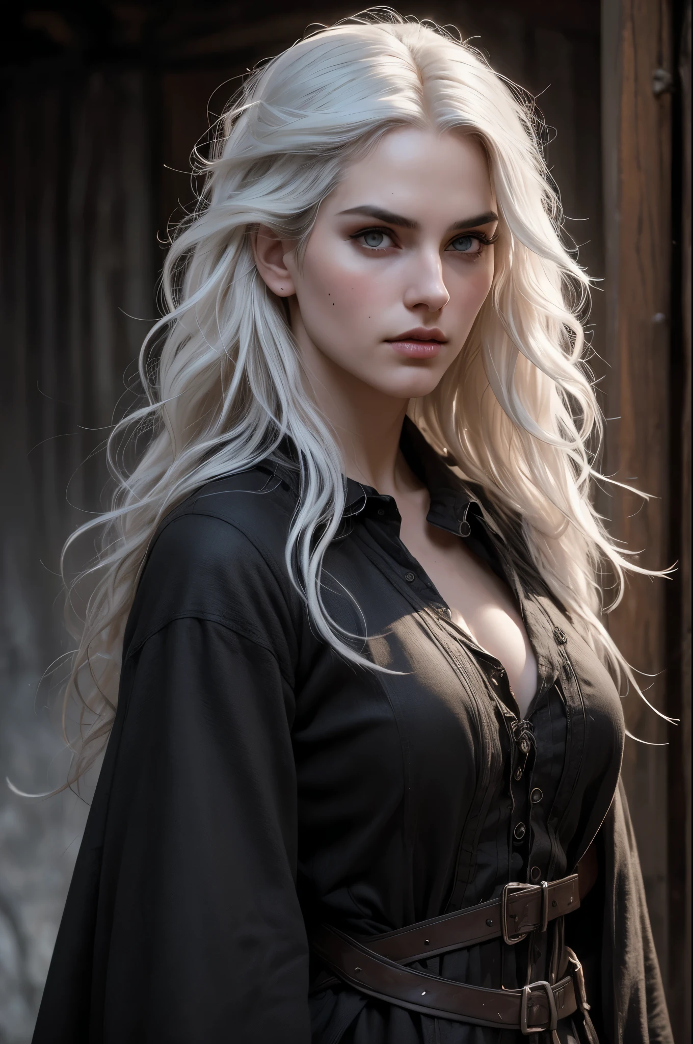 (masterpiece, absurdres, highres, ultra detailed), 1woman, wavy white hair, adult, black eyes, focus,handsome face, yennefer the witcher, charming, detailed eyes and face, angry expression, darkness background