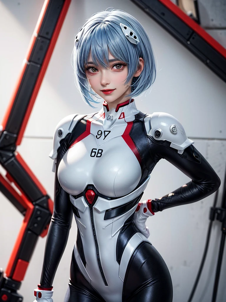 chef-d&#39;œuvre, la plus haute qualité, 8k, texture de peau détaillée, texture de tissu fin, Beau detailed face, détails complexes, Super détaillé, portrait de Rei Ayanami, Cheveux bleus, les yeux rouges, regardant au loin, pas de fond, Evangelion Wearing a Combinaison de prise when riding, Combinaison de prise, tout le corps visible, debout, les bras croisés, 15 ans, Beau, Mignon, Grand style, souriant,composition qui montre tout le corps,