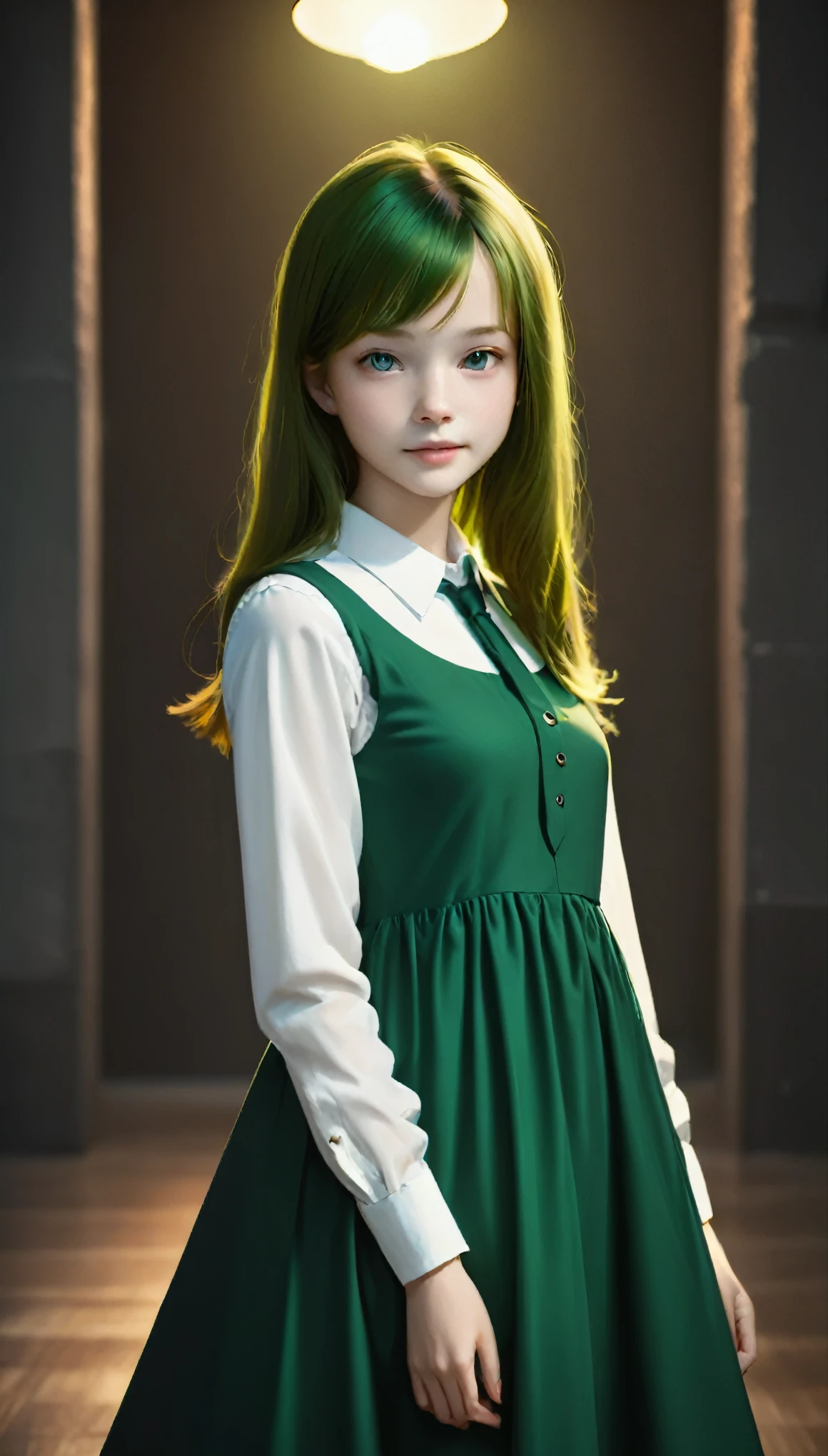 highest quality, Tabletop, High resolution, (((One Girl))), 16 years old,((Dark green block dress,White shirt inner:1.3)), Tyndall effect, Realistic, Shadow Studio, Rim Light, Dual Tone Lighting, (High Definition Skins: 1.2) Digital SLR, photograph, High resolution, 4K, 8k, Background Blur,Beautiful fade out