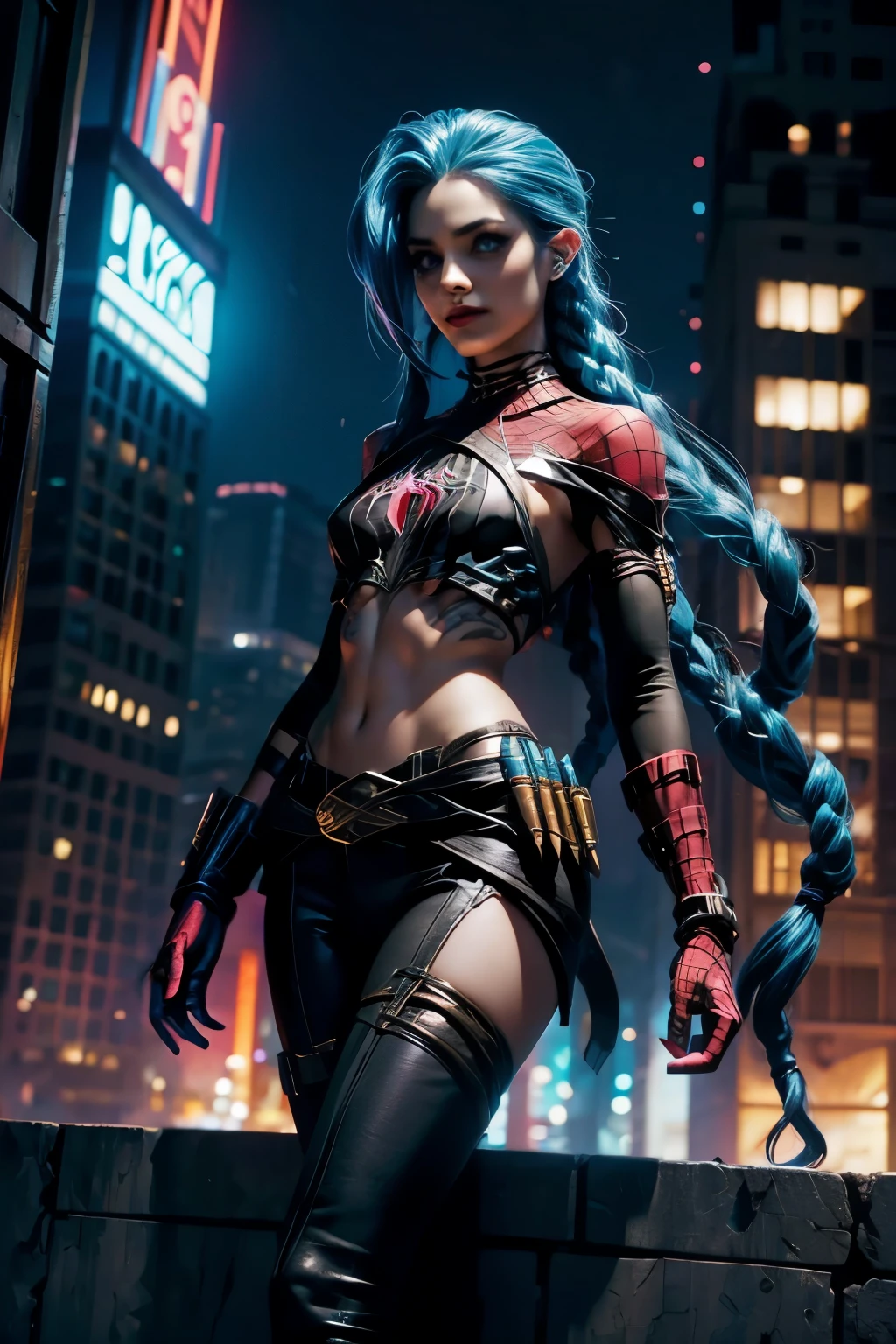 Jinx with light blue fur, dressed as spider man. great heroine. Metropolis night city
