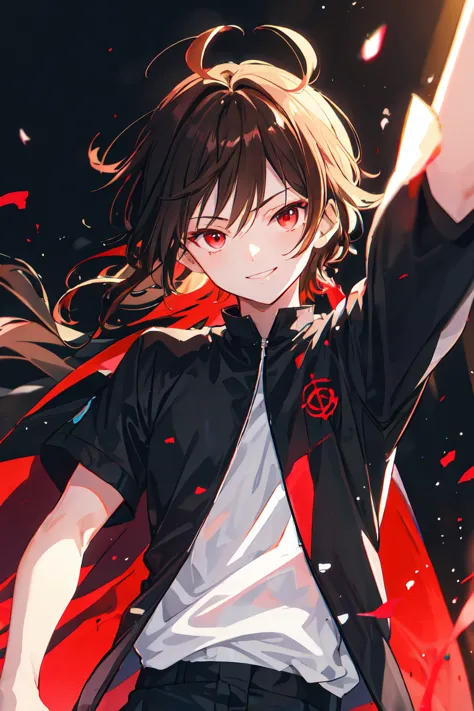 ((one person)),anime boy with brown hair and red eyes staring at camera, glowing red eyes,slim, dressed in a black outfit,shadow...