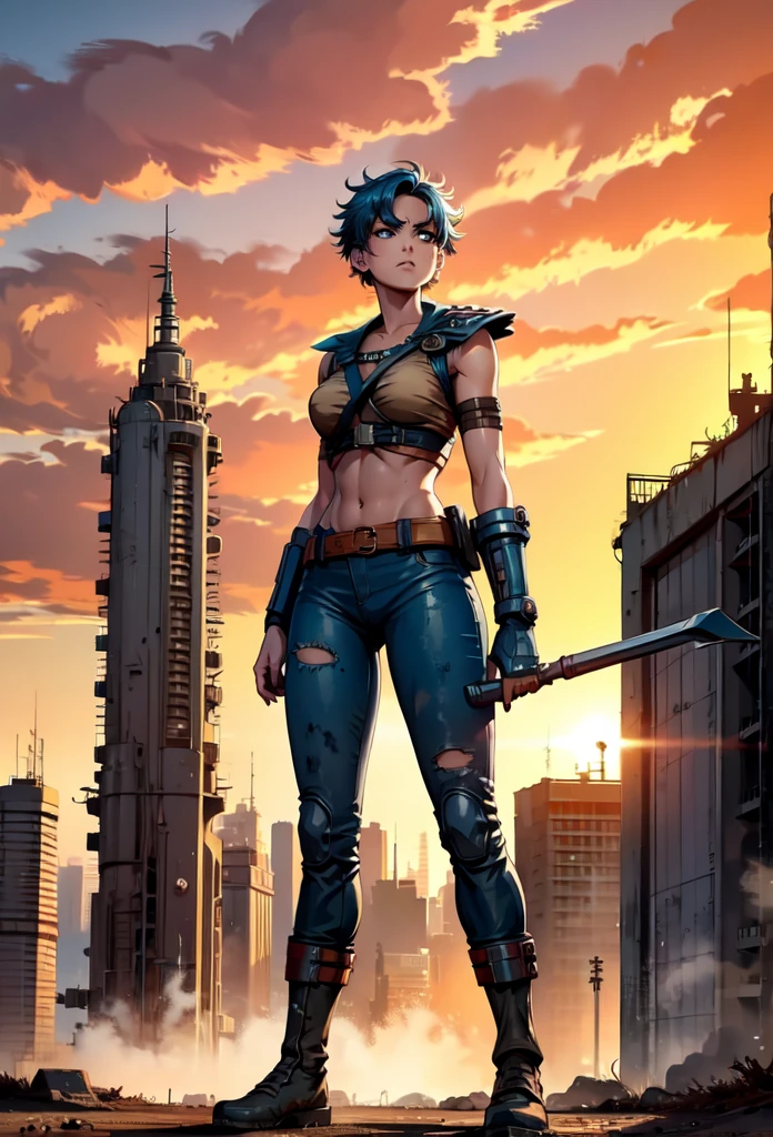 (best quality,4k,8k,highres,masterpiece:1.2),ultra-detailed,Ami Mizuno as a Mad Max survivor in the Westland,deserted post-apocalyptic world,dusty landscape,harsh sunlight,burning orange sky,gritty and distressed,ripped and tattered clothing,utility belt with survival tools,protective goggles covered with dust,Ami's bright blue hair flowing in the wind,determined and fierce expression,holding a modified high-tech weapon,scanning the horizon for danger,thick layers of dirt and grime on her face and hands,imposing scar across her cheek,distant ruins of a futuristic city in the background,Ami's transformation into a hardened warrior,blending her intelligence and strength,creating an iconic and empowering image,combining anime style with the gritty aesthetics of Mad Max. full body