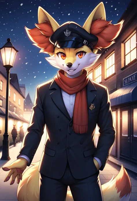 score_9, score_8_up, score_7_up, anthro (fennekin:1.25), red scarf, detective cloak, standing, smile, waving at viewer (three-qu...