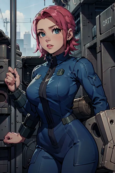 Mayl Sakurai reimagined as a vault dweller, doing maintenance in an underground vault. Her vibrant pink hair stands out against ...