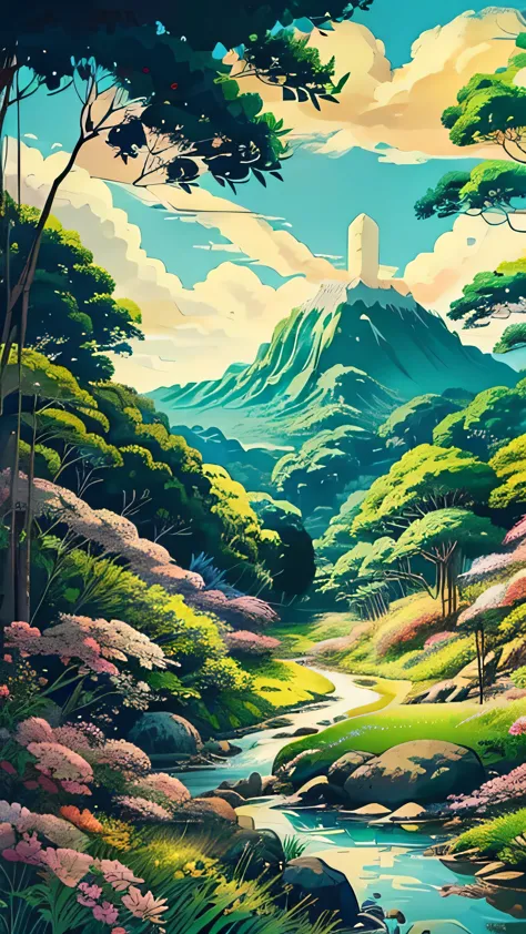 A heartwarming retro anime-inspired of a beautiful tropical hill woods, distance rice field and coconut tree, style of Studio Gh...