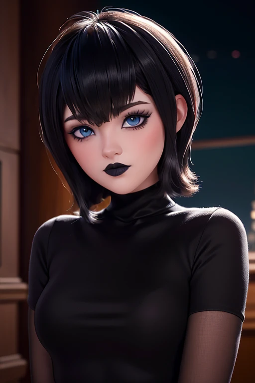 Defined face blue eyes gothic makeup eyeliner and eye shadows, cabello negro corto con flequillo estilo bob labios rojos voluminosos, nudes primer plano en HD,  Intricate medieval architectural details and fantastic landscapes in 12k high resolution,