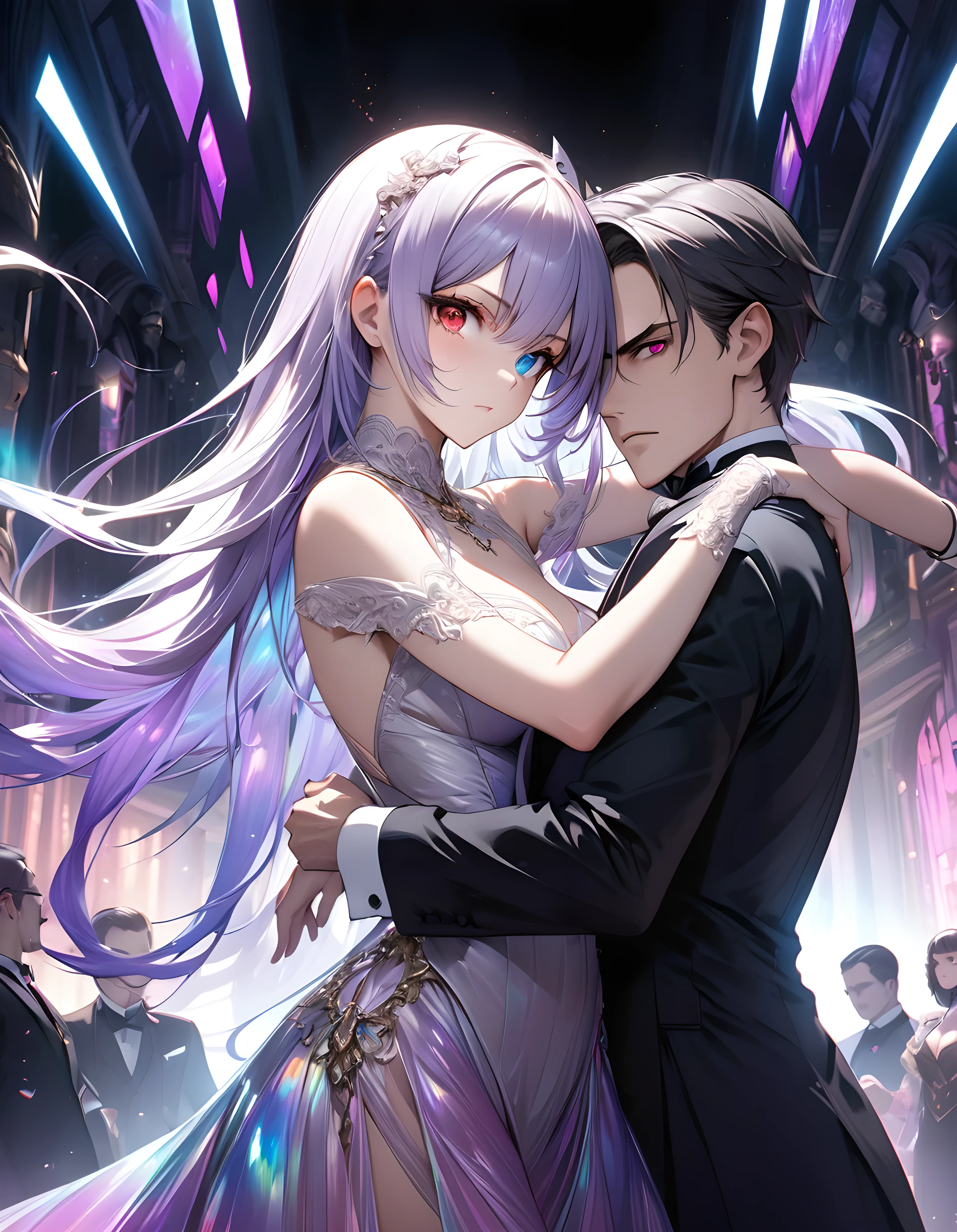 Dark fantasy, Ultra-realism, Detailed and clear depiction, ((A man and woman dancing while embracing each other)), 1. BREAK [Succubus|Mata Hari], ((Cryptic Girl)), (Long Hair, White-purple gradation:1.3), (Heterochromia iridis:1.4, Blue Eyes, Red Eye,) Eyes staring at the viewer, Glass-like transparency, An attack that captivates the crowd, 2. Details of BREAK Dracula, Gentleman, Tuxedo, Strict and upscale, highest quality, Highest quality, Highest Resolution, Dynamic perspective, Phantasmal iridescent, Blacklight, BREAK (Indifference, kind), neon art background, Cinematic lighting effects, Transparent light, Mysterious Light, Fantastic Fog, BREAK ((Phantasmal iridescent, Holographic)), BREAK Ultra-realism, Ultra-high resolution, Use all kinds of effects to captivate your audience, (Add transparency:1.6), ((Cryptical)),