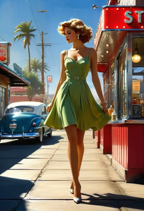Cartoon beautiful model in a cute dress standing outside of a diner holding, fashionable, windy, art deco, anime.Peter Elson sty...