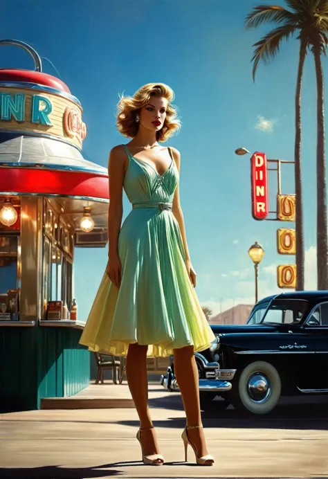 Beautiful model in a cute dress standing near a diner, fashionable, windy, art deco. Perfect anatomy, beautiful face. Peter Elso...