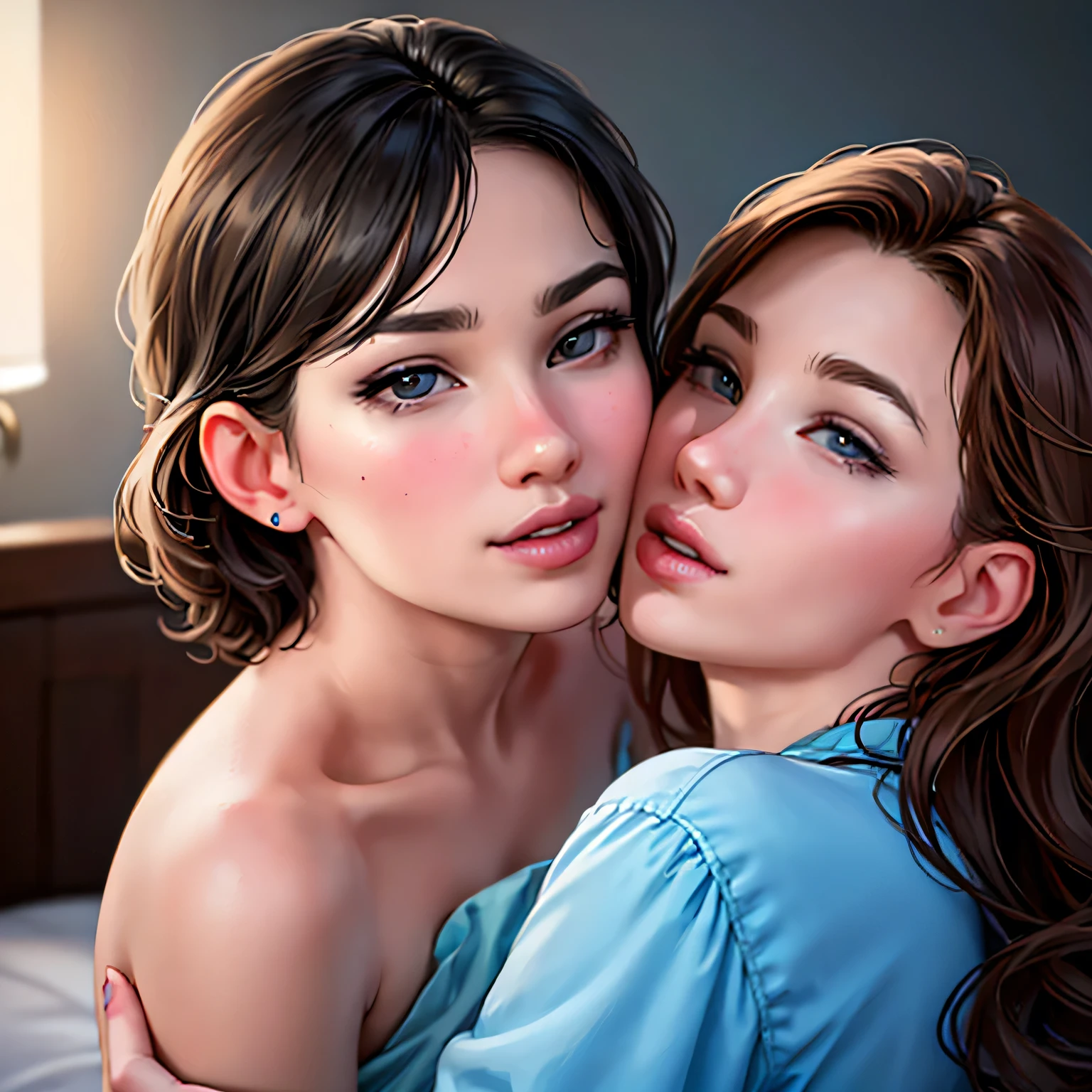 (best quality,4k,8k,highres,masterpiece:1.2),ultra-detailed,(realistic,photorealistic,photo-realistic:1.37), HDR, UHD, studio lighting, extreme detail description, professional, portraits, vivid colors, bokeh, lesbian couple, romance, women, kiss, mouth to mouth, attractive, holy shot, making out, wonderful scene, movie, lovely kiss, room together, cute, showcasing.

Notice：The prompt here starts with"woman"and"Woman kissing"For the theme，Matches the given topic description，Added detailed description。