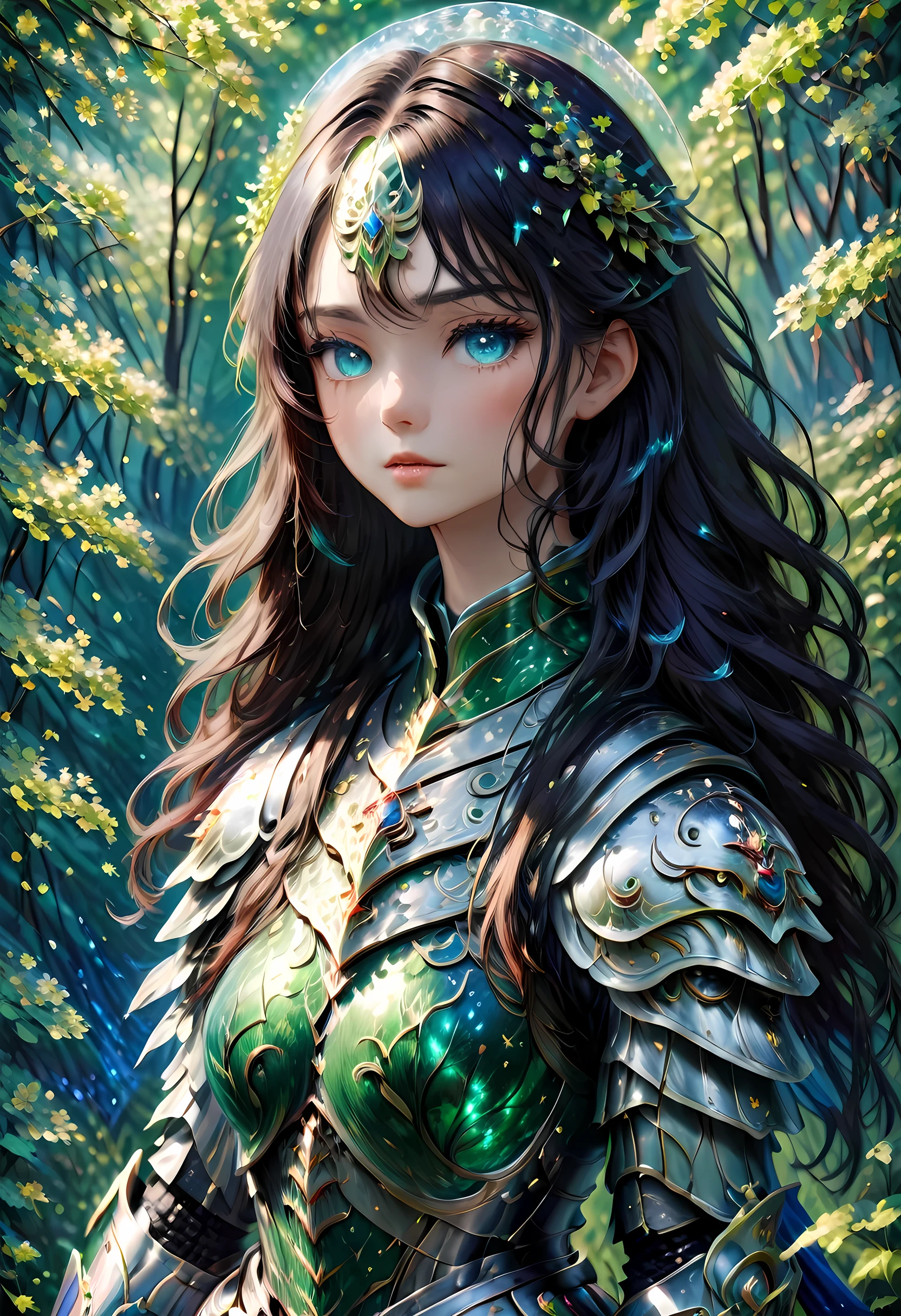 (Claude Monet Style:1.5) modisn disney, Claude_Monet style painting, a picture of woman paladin of nature protecting the forest, a woman knight, black hair, long hair, full body (best details, Masterpiece, best quality :1.5), ultra detailed face (best details, Masterpiece, best quality :1.5), ultra feminine (best details, Masterpiece, best quality :1.5), black hair, long hair, braided hair, pale skin, (deep blue: 1.2) eyes, intense eyes, wearying heavy armor, white armor (best details, Masterpiece, best quality :1.5), green cloak, armed with a sword, glowing sword GlowingRunes_green, fantasy forest background, D&D art, RPG art, magical atmosphere magic-fantasy-forest, ultra best realistic, best details, best quality, 16k, [ultra detailed], masterpiece, best quality, (extremely detailed), ultra wide shot, photorealism, depth of field, hyper realistic painting, cybrk, RagingNebula
