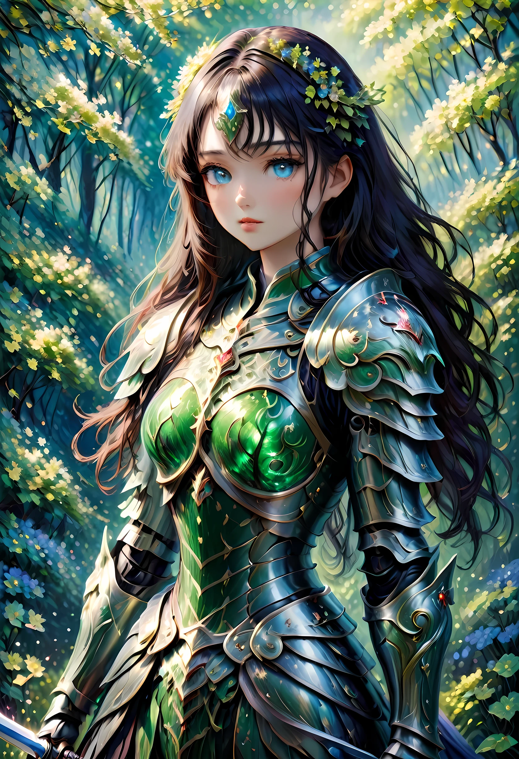 (Claude Monet Style:1.5) modisn disney, Claude_Monet style painting, a picture of woman paladin of nature protecting the forest, a woman knight, black hair, long hair, full body (best details, Masterpiece, best quality :1.5), ultra detailed face (best details, Masterpiece, best quality :1.5), ultra feminine (best details, Masterpiece, best quality :1.5), black hair, long hair, braided hair, pale skin, (deep blue: 1.2) eyes, intense eyes, wearying heavy armor, white armor (best details, Masterpiece, best quality :1.5), green cloak, armed with a sword, glowing sword GlowingRunes_green, fantasy forest background, D&D art, RPG art, magical atmosphere magic-fantasy-forest, ultra best realistic, best details, best quality, 16k, [ultra detailed], masterpiece, best quality, (extremely detailed), ultra wide shot, photorealism, depth of field, hyper realistic painting, cybrk, RagingNebula
