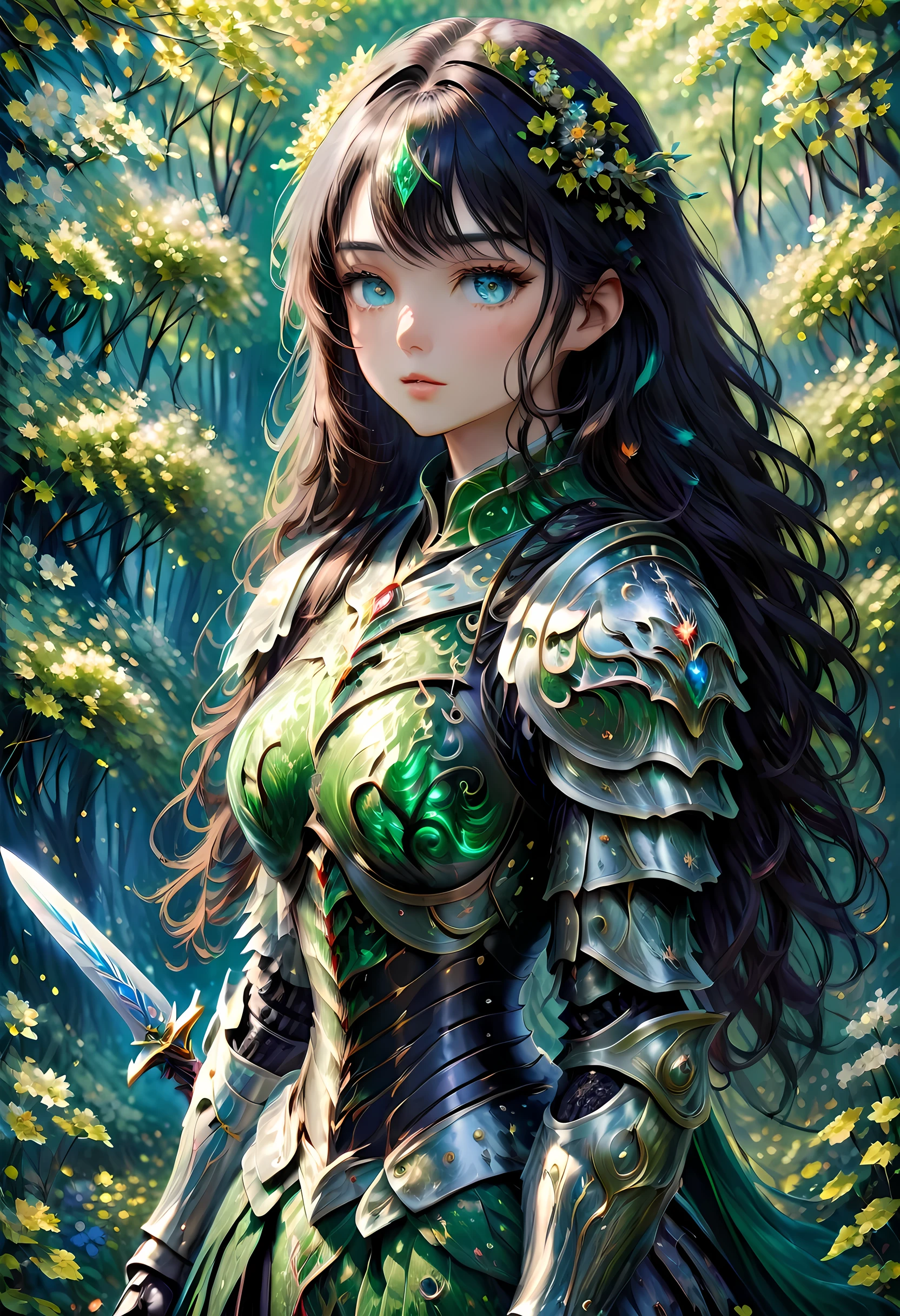 (Claude Monet Style:1.5) modisn disney, Claude_Monet style painting, a picture of woman paladin of nature protecting the forest, a woman knight, black hair, long hair, full body (best details, Masterpiece, best quality :1.5), ultra detailed face (best details, Masterpiece, best quality :1.5), ultra feminine (best details, Masterpiece, best quality :1.5), black hair, long hair, braided hair, pale skin, (deep blue: 1.2) eyes, intense eyes, wearying heavy armor, white armor (best details, Masterpiece, best quality :1.5), green cloak, armed with a sword, glowing sword GlowingRunes_green, fantasy forest background, D&D art, RPG art, magical atmosphere magic-fantasy-forest, ultra best realistic, best details, best quality, 16k, [ultra detailed], masterpiece, best quality, (extremely detailed), ultra wide shot, photorealism, depth of field, hyper realistic painting, cybrk, RagingNebula
