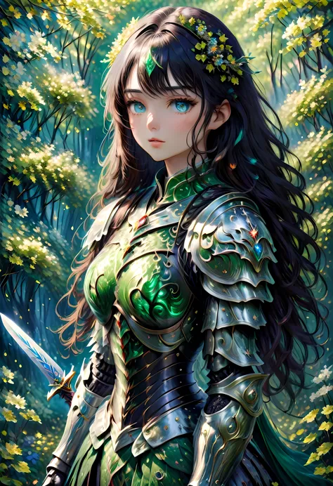 (Claude Monet Style:1.5) modisn disney, Claude_Monet style painting, a picture of woman paladin of nature protecting the forest,...