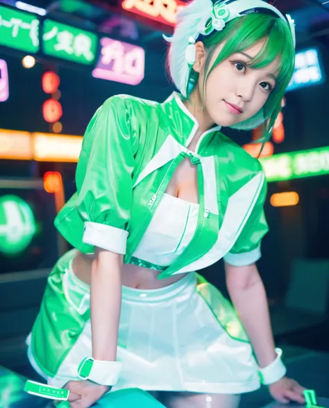 Cyber Idol Girl、whole body、Good style、、、、White and fluorescent green cyber mini cheongsam、、、　Colorful Hair、、Cyber City、