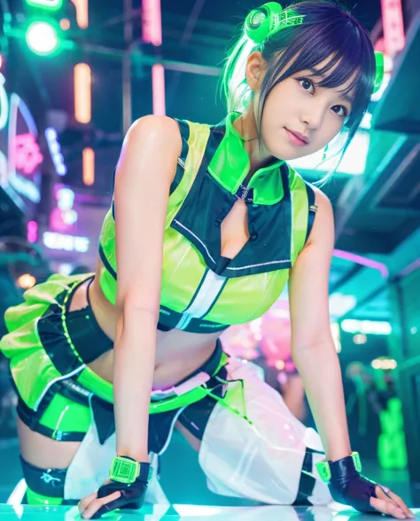 Cyber Idol Girl、whole body、Good style、、、、White and fluorescent green cyber mini cheongsam、、、　Colorful Hair、、Cyber City、
