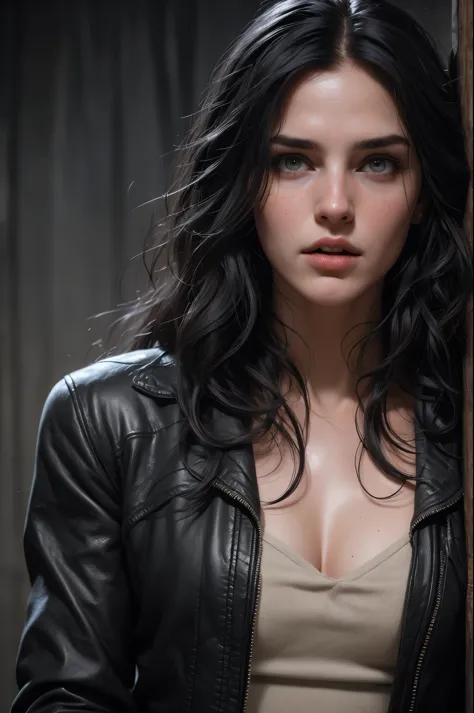 linda com longos cabelosbrancoos e olhos azuis cristalinos parecida com a yennefer do jogo the witcher, she wears a black leathe...