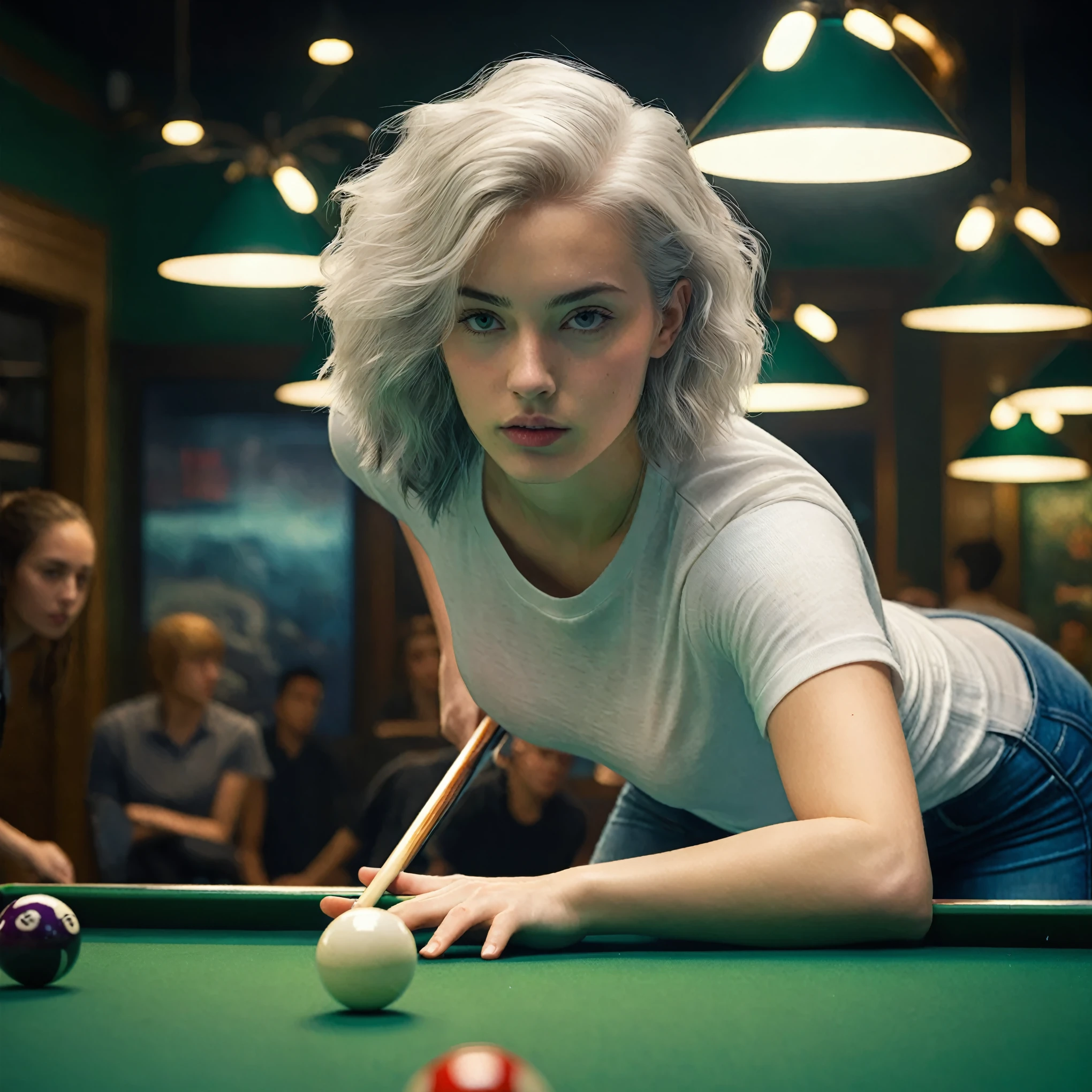 Create a highly detailed and photorealistic image of a young woman who is 1.75 meters tall, weighs 80 kilograms. She has unusually white hair with grey streakes styled in a more controlled, longer, shoulder-length, wavy cut. She is leaning intently over a green pool table in a modernly styled, dimly lit billiards hall, aiming her shot. She wears casual, modern clothing, specifically tight-fitting jeans and a fashionable t-shirt. The setting includes modern overhead lighting and a background filled with other players observing the game.