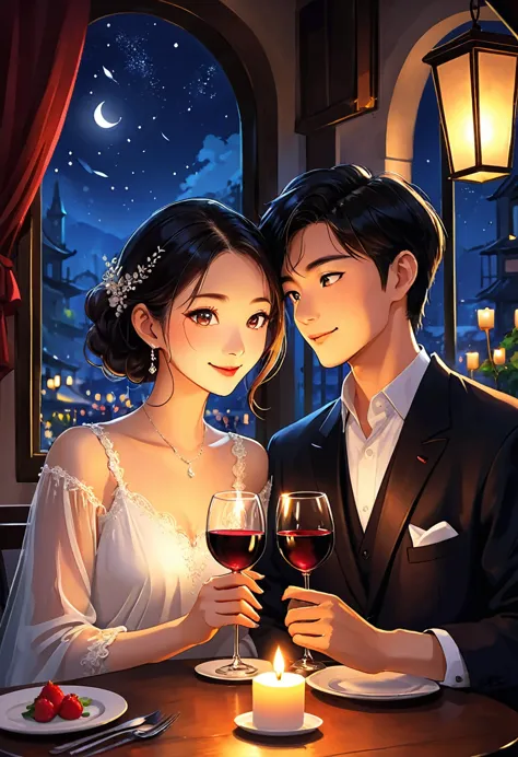 At a restaurant at night、The soft light of the candles illuminates the couple.。They clinked their wine glasses、Toast。Their eyes ...