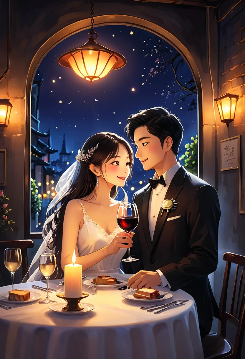At a restaurant at night、The soft light of the candles illuminates the couple.。They clinked their wine glasses、Toast。Their eyes meet、Deep love flows quietly。Time just between the two of us seems to pass slowly。The candle light、Add an extra romantic touch to their special night.、It&#39;s filled with unforgettable memories。