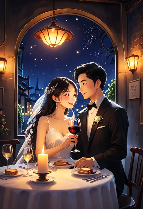 At a restaurant at night、The soft light of the candles illuminates the couple.。They clinked their wine glasses、Toast。Their eyes ...