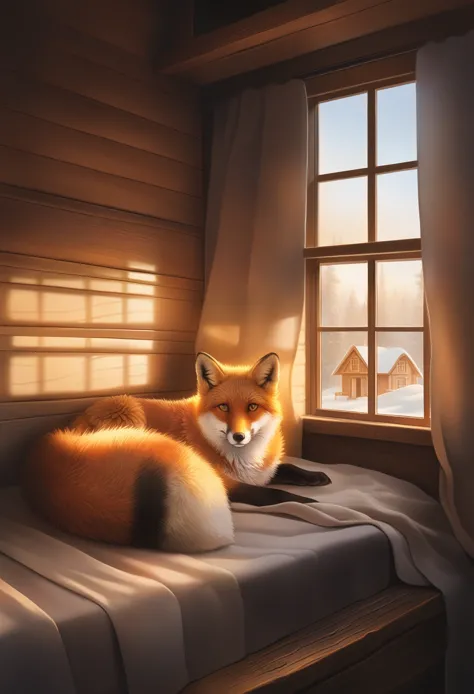 furry, fox, lying on bed, wooden house, cozy, warm lighting, detailed fur texture, relaxed expression, rustic interior, wooden f...