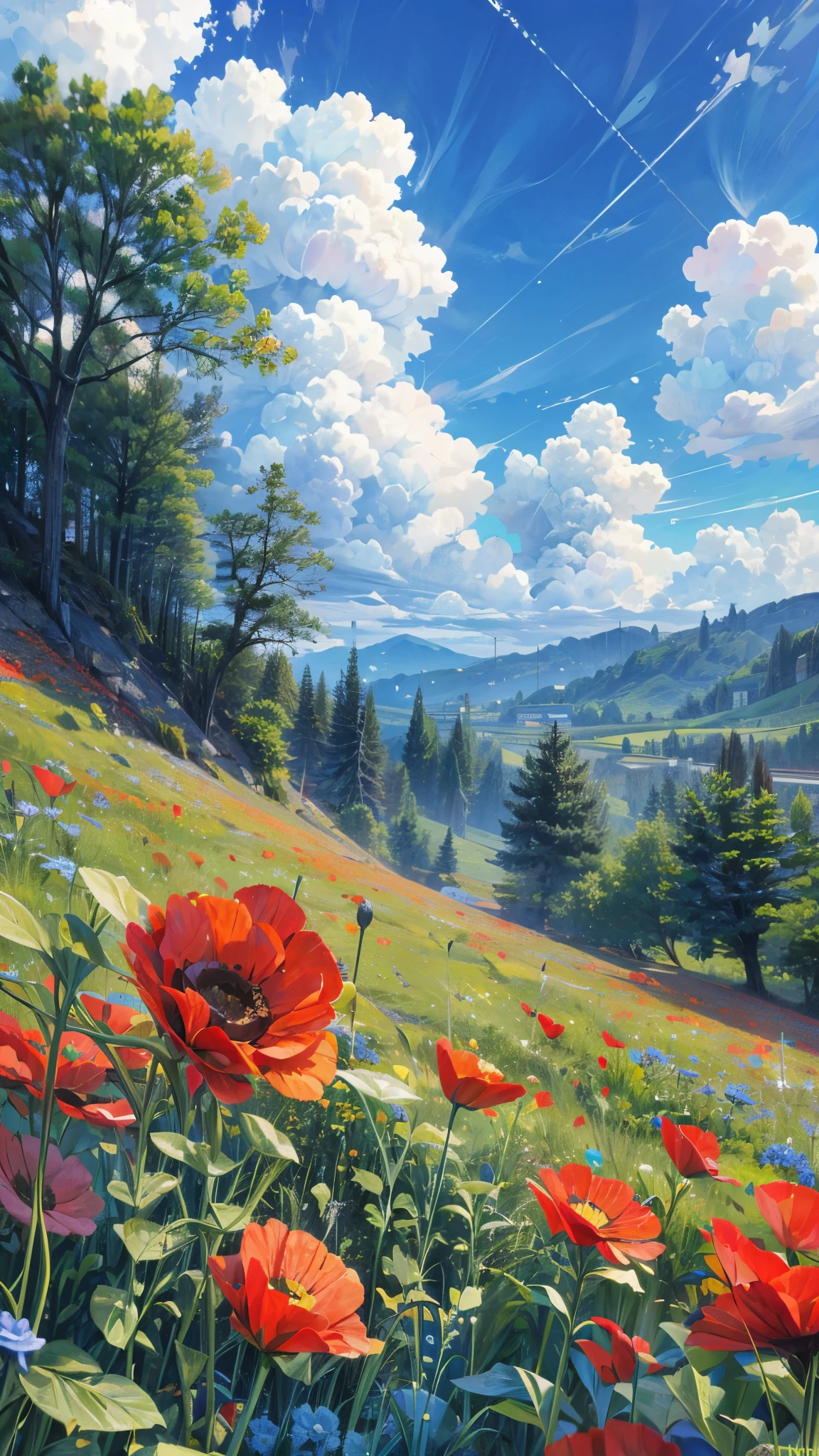 field of poppies, bright sky, fluffy clouds, In detail, masterpiece