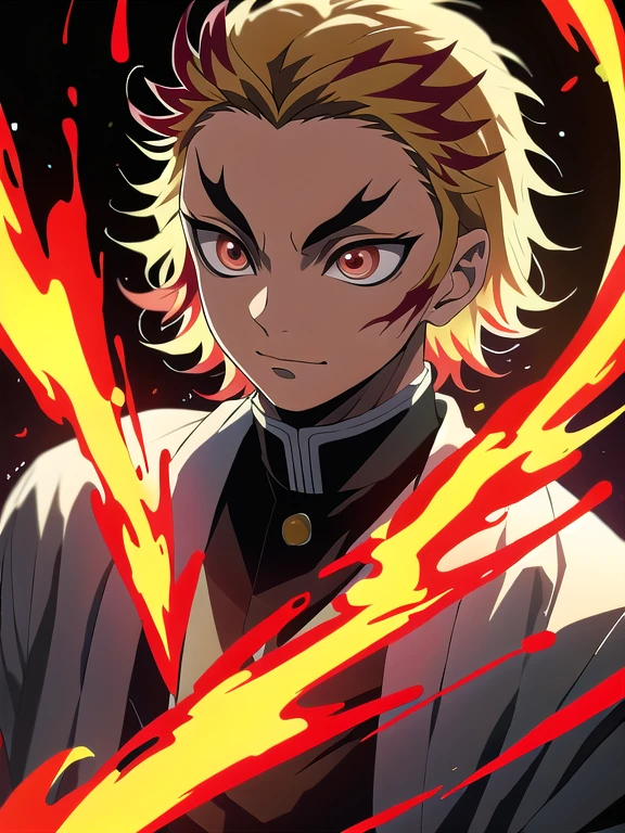 Rengoku Kyojuro, asesino de demonios artstyle, anime rudo 8k, Kimetsu no Yaiba, anime arte clave, asesino de demonios rui fanart, asesino de demonios, arte oficial, cute guy in asesino de demonios art, infierno ardiente, arte clave, Main anime images, anime arte clave, anime clave visual", clave visual, (fuego)