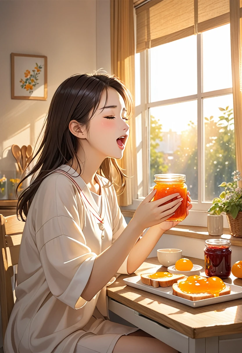 La lumière du matin se répand doucement dans le salon、Une lycéenne endormie qui bâille。Avec des mouvements pratiqués, ses mains étalent de la confiture de marmelade sur le pain.、préparer le petit-déjeuner。La lumière de la fenêtre、Annonçant le début d&#39;une nouvelle journée。Son profil est calme、On dirait qu&#39;il&#39;je profite du silence du matin.。La chambre est calme、Le monde extérieur semble encore endormi。