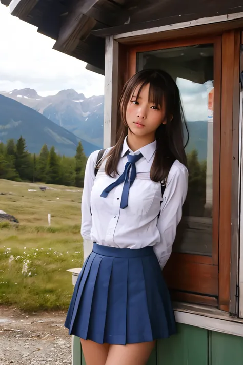 A cute high school girl is , tied up, and held captive in a mountain hut.