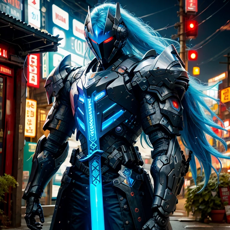 (masterpiece, best quality:1.2), a subject, A warrior in armour techno fantasy style, holy sword,(technological aggressive design), cyberpunk, 4K, UHD, (Photorealistic:1.4),Ultra high resolution, masterpiece, ultra realistic, ultra nitide, insane details, whitevand blue color, (water themed), ((face open discovery)), handling a blue technofantasy decoured katana, boy