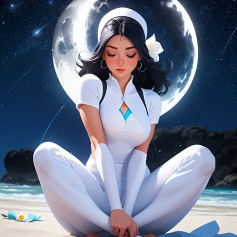 mulher meditando de frente a praia, cabelos cacheado cor preto, white yoga jumpsuit outfit, starry sky with moon, (raining sever...